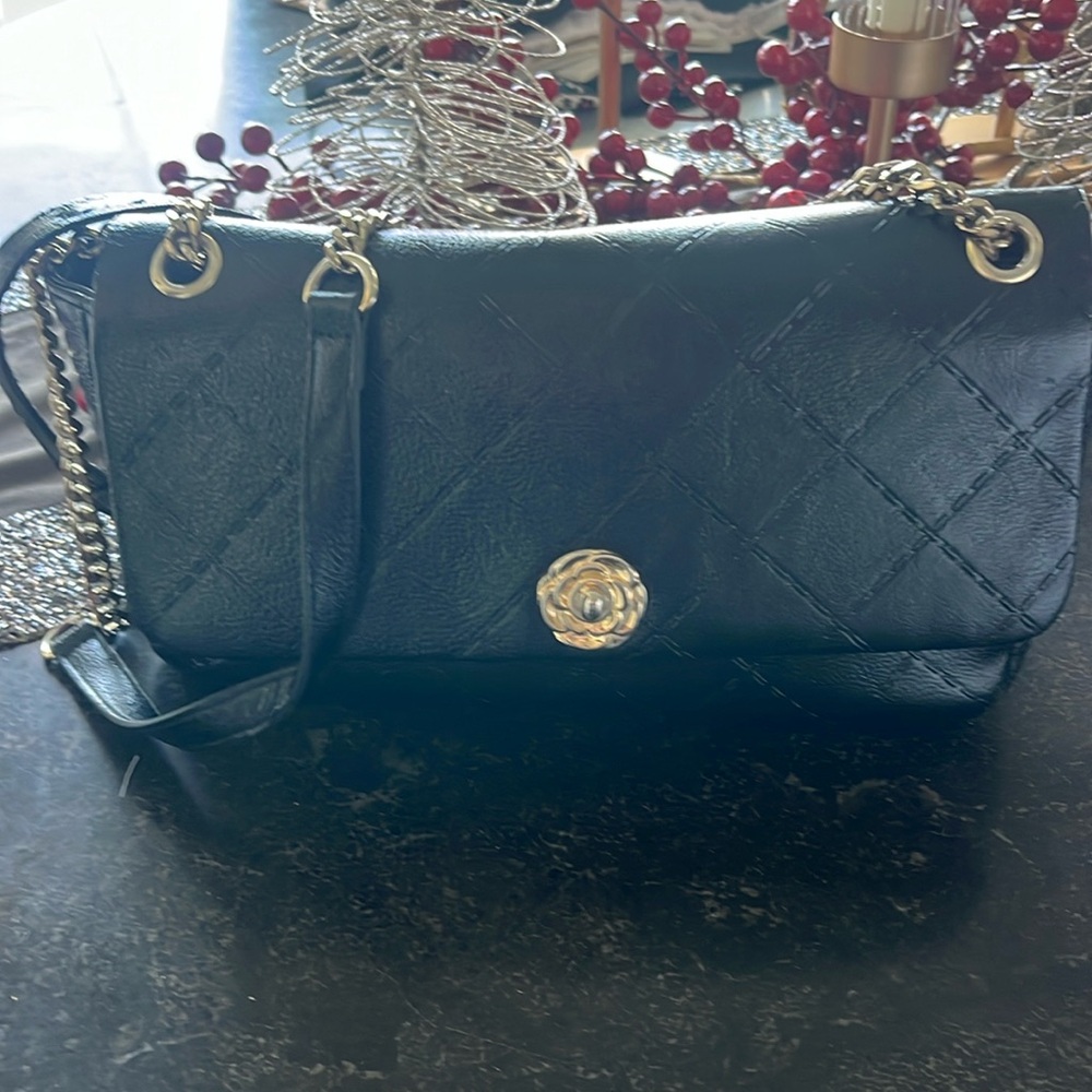 Betsey Johnson Black Quilted Crossbody Handbag With Gold Chain.